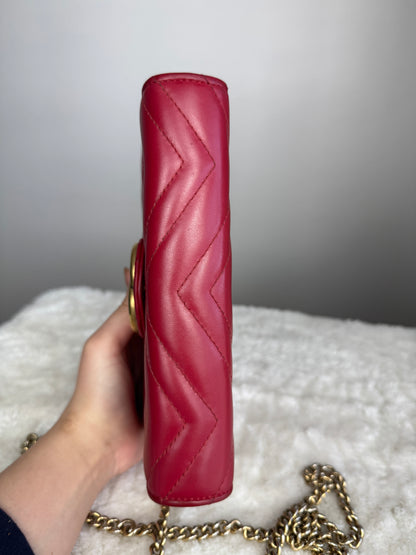 GUCCI GG Marmont Chain Wallet Matelasse Leather Red