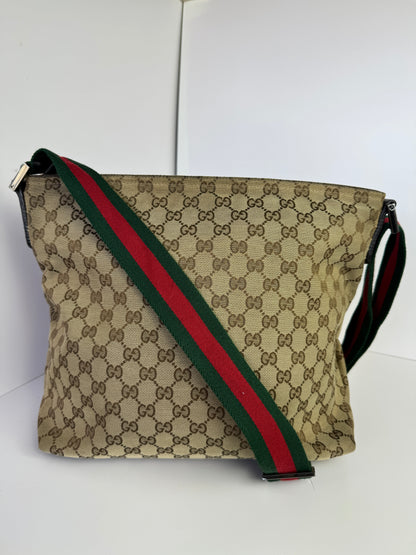 GUCCI Web Flat Messenger Green and Red Stripe Brown