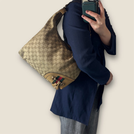 Gucci Beige GG Canvas Horsebit Tassel Hobo