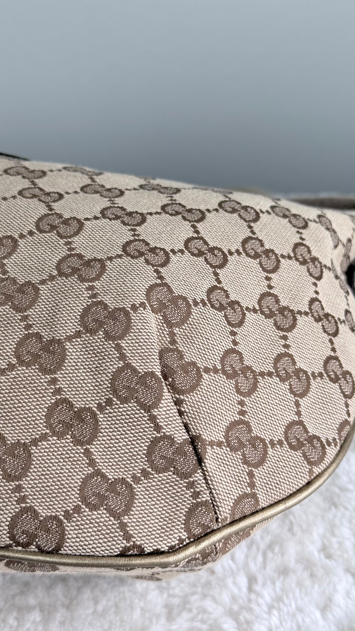 GUCCI Web Halfmoon Hobo  GG Canvas Gold Metallic