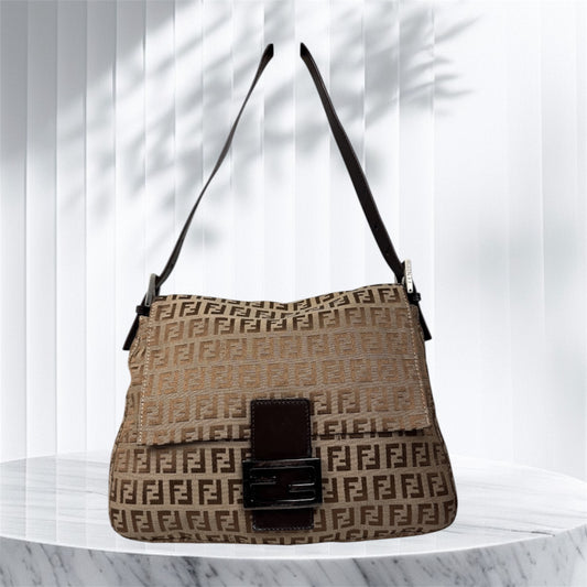 Fendi Mama Baguette Zucca FF Canvas Shoulder Bag Brown