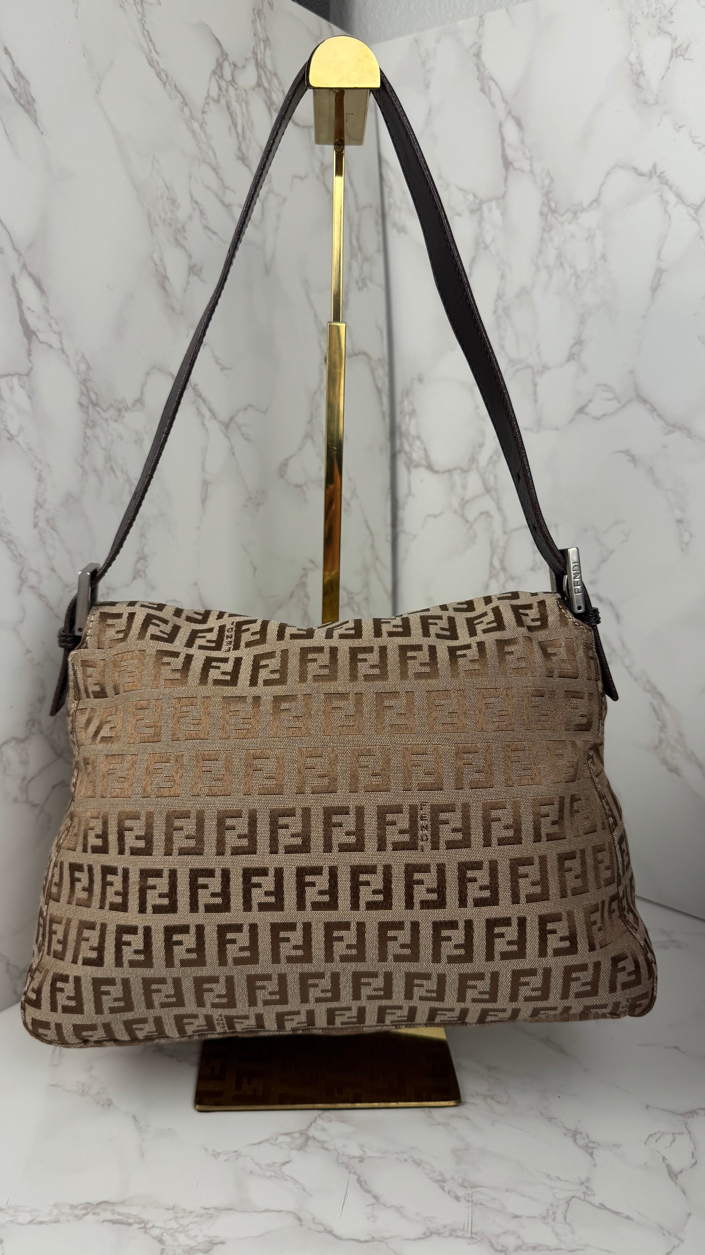 Fendi Mama Baguette Zucca FF Canvas Shoulder Bag Brown
