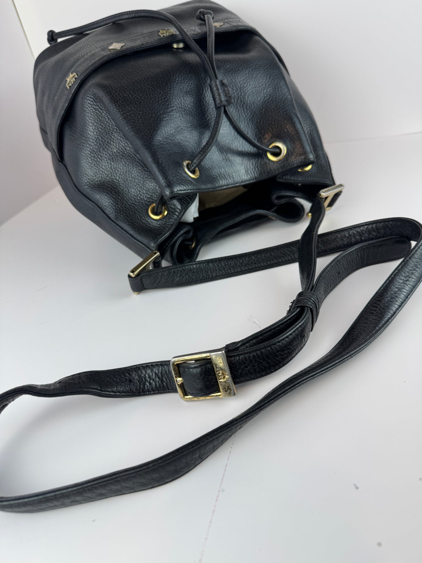 MCM Black Leather Drawstring Bucket bag