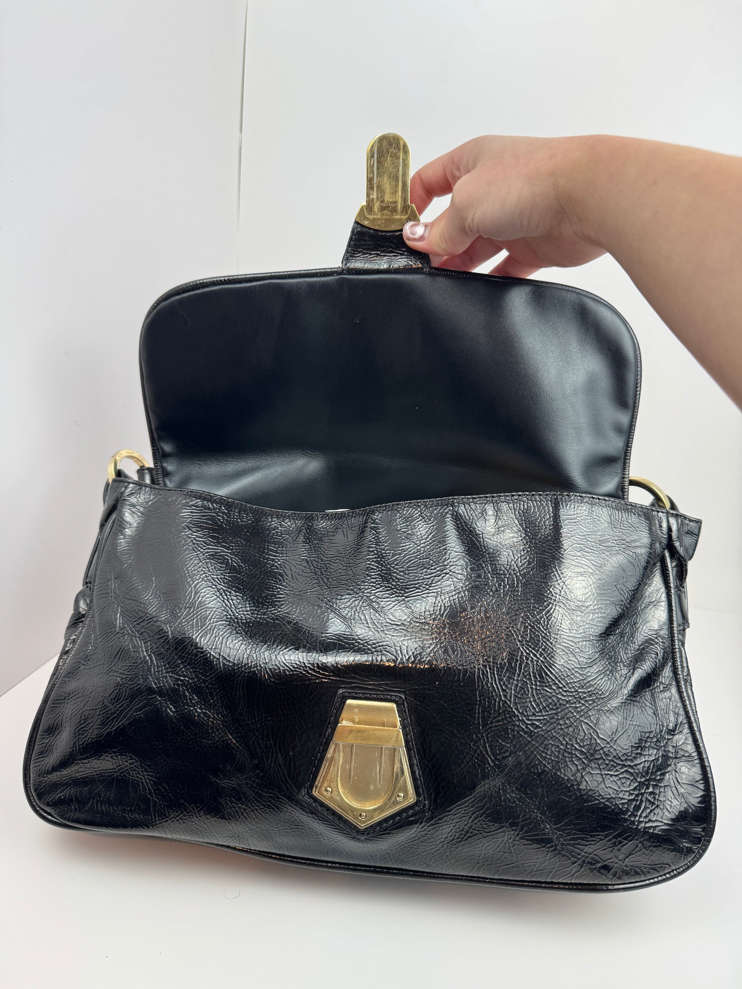 FENDI Patent Fly Shoulder Bag Black