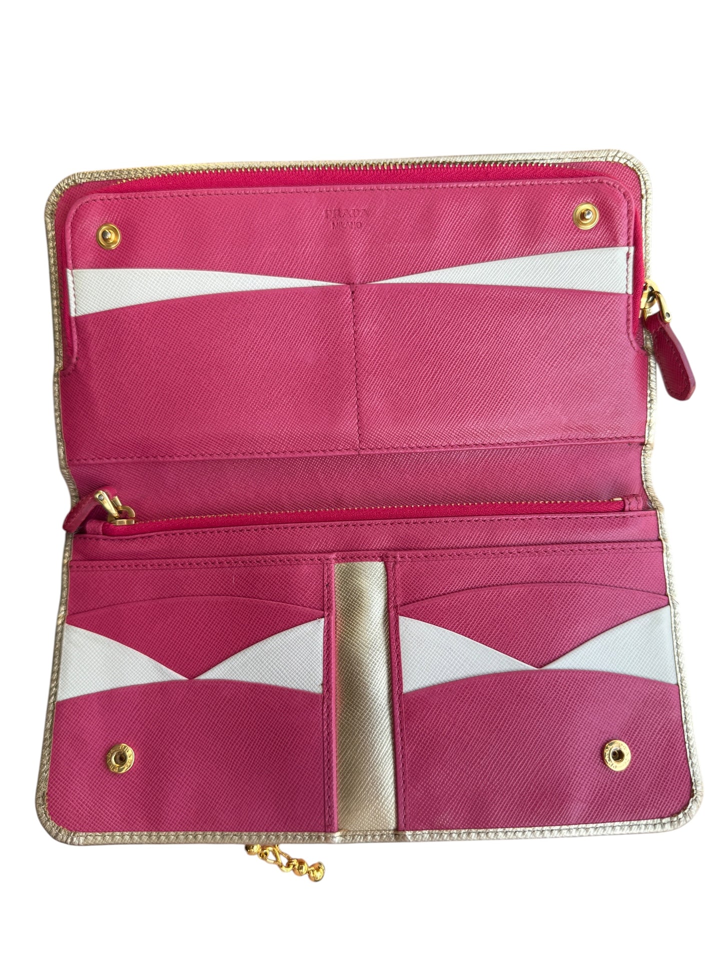 WA1👛 Prada Saffiano metal leather wallet in gold with a zip-around closure (COA Included) Retail $1070✅