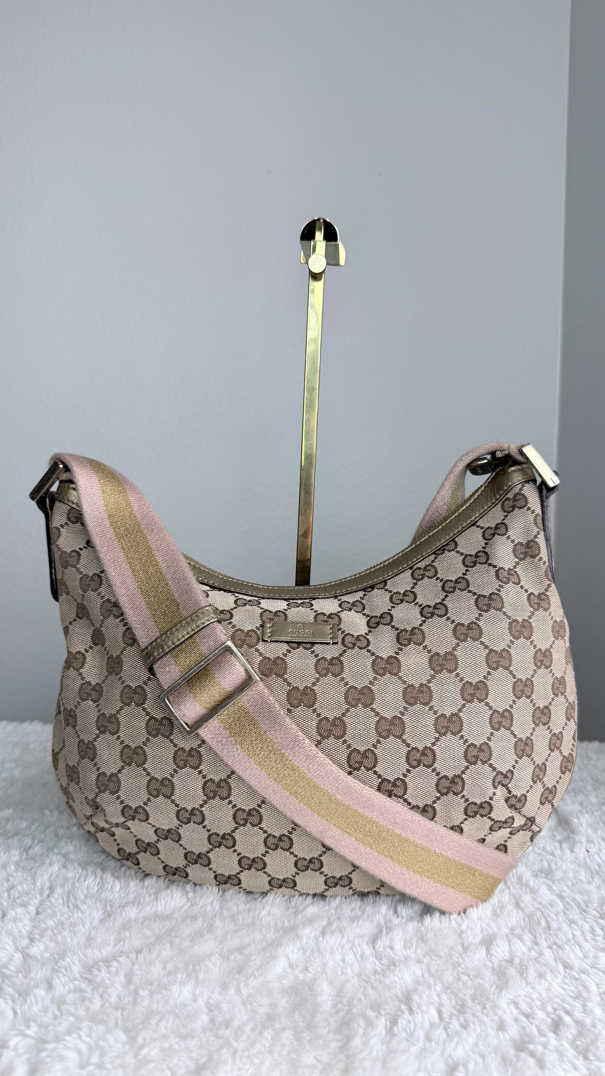 GUCCI Web Halfmoon Hobo  GG Canvas Gold Metallic