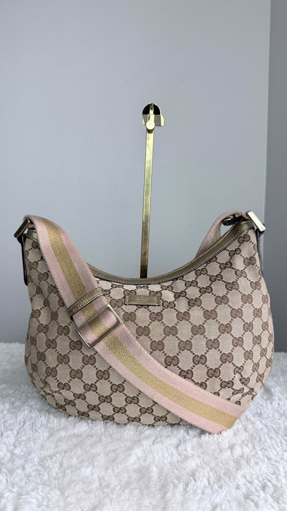 GUCCI Web Halfmoon Hobo  GG Canvas Gold Metallic