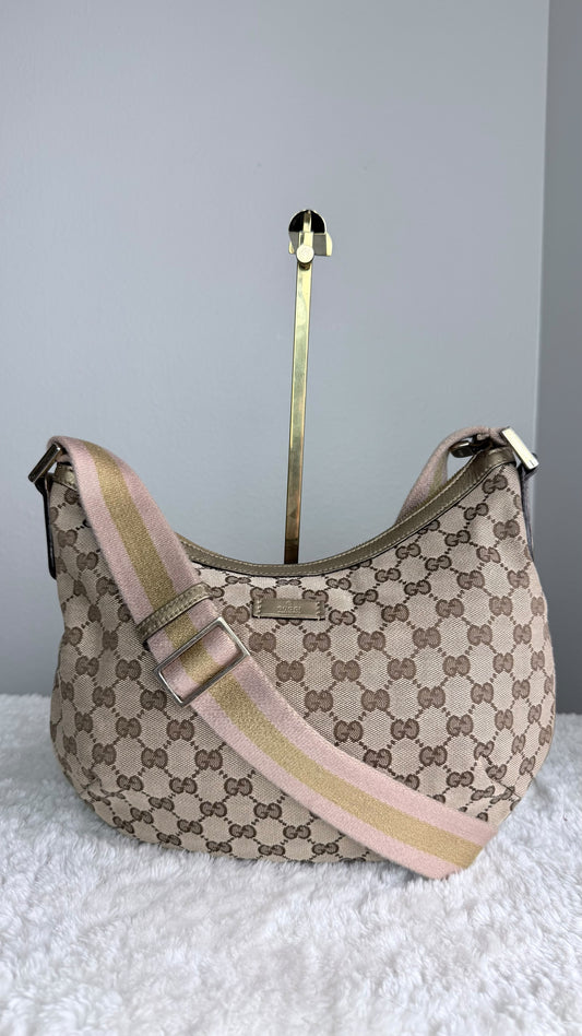 GUCCI Web Halfmoon Hobo  GG Canvas Gold Metallic