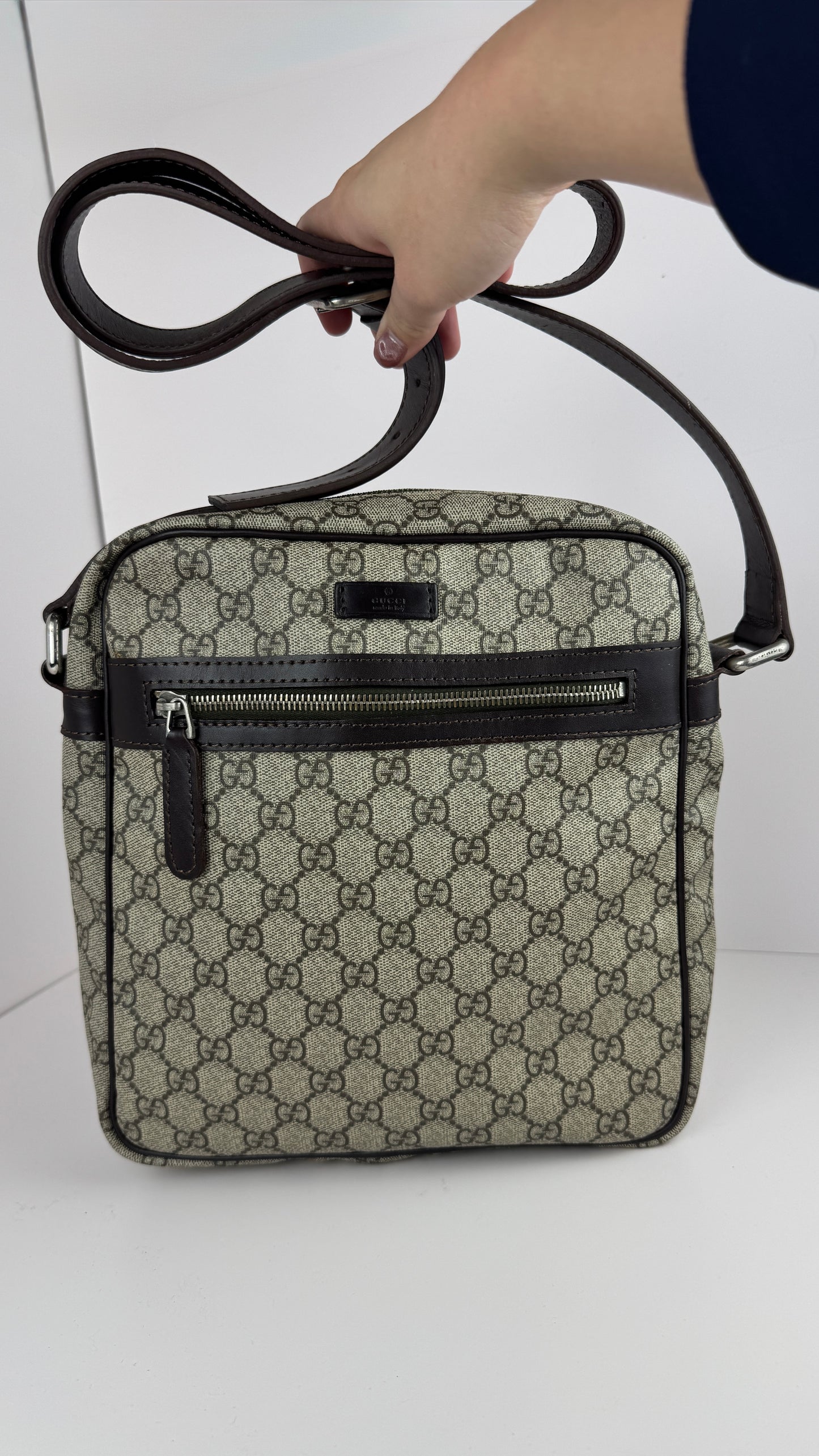 Gucci Front Zip Leather Messenger Brown