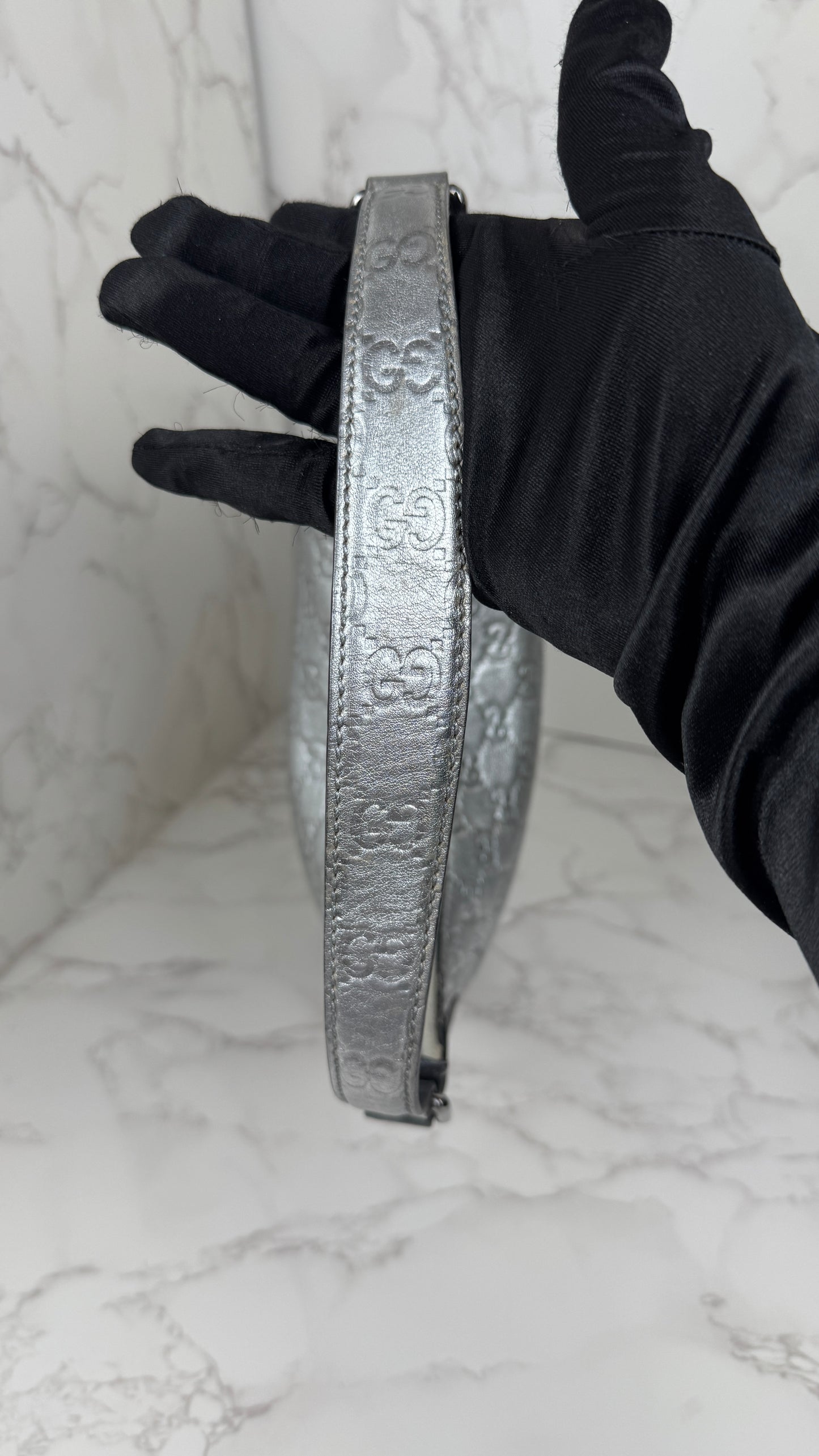 Gucci GG Leather Hobo Silver and Grey