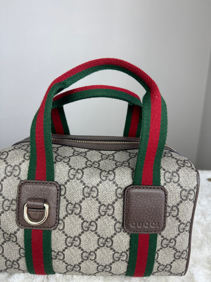 NEW GUCCI Web Boston GG Supreme Coated Canvas Brown