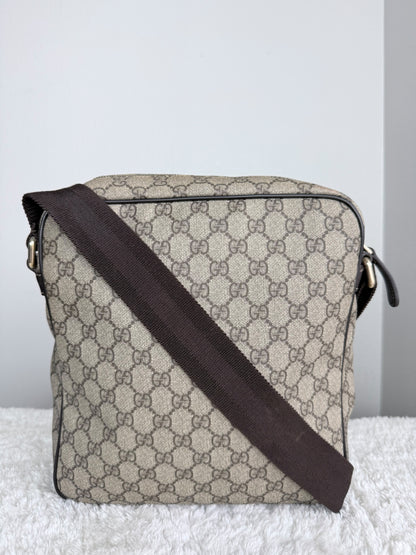 GUCCI Front Zip Messenger GG Coated Canvas Brown