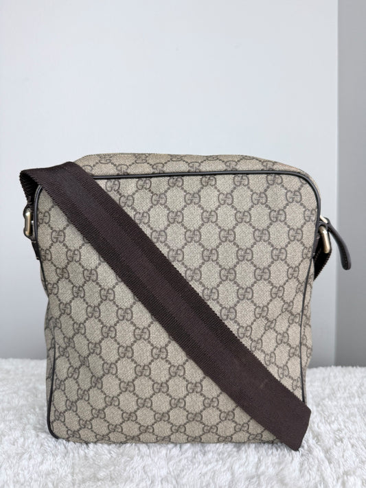 GUCCI Front Zip Messenger GG Coated Canvas Brown