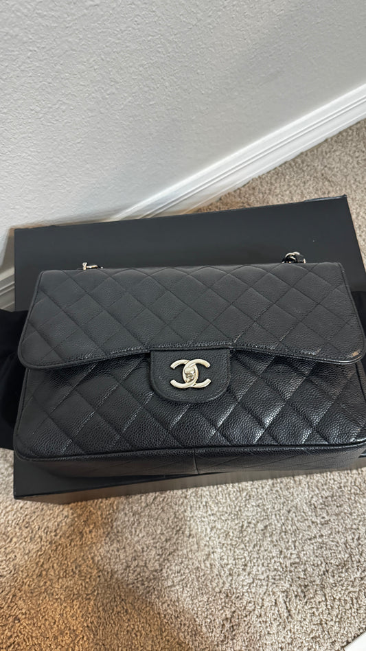 Chanel Classic Double Flap Jumbo Caviar Silver hardware Black