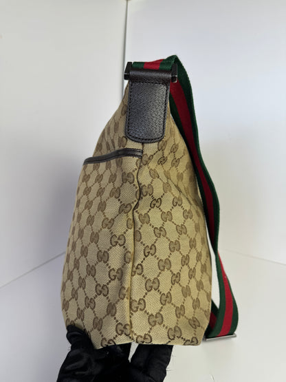 GUCCI Web Flat Messenger Green and Red Stripe Brown