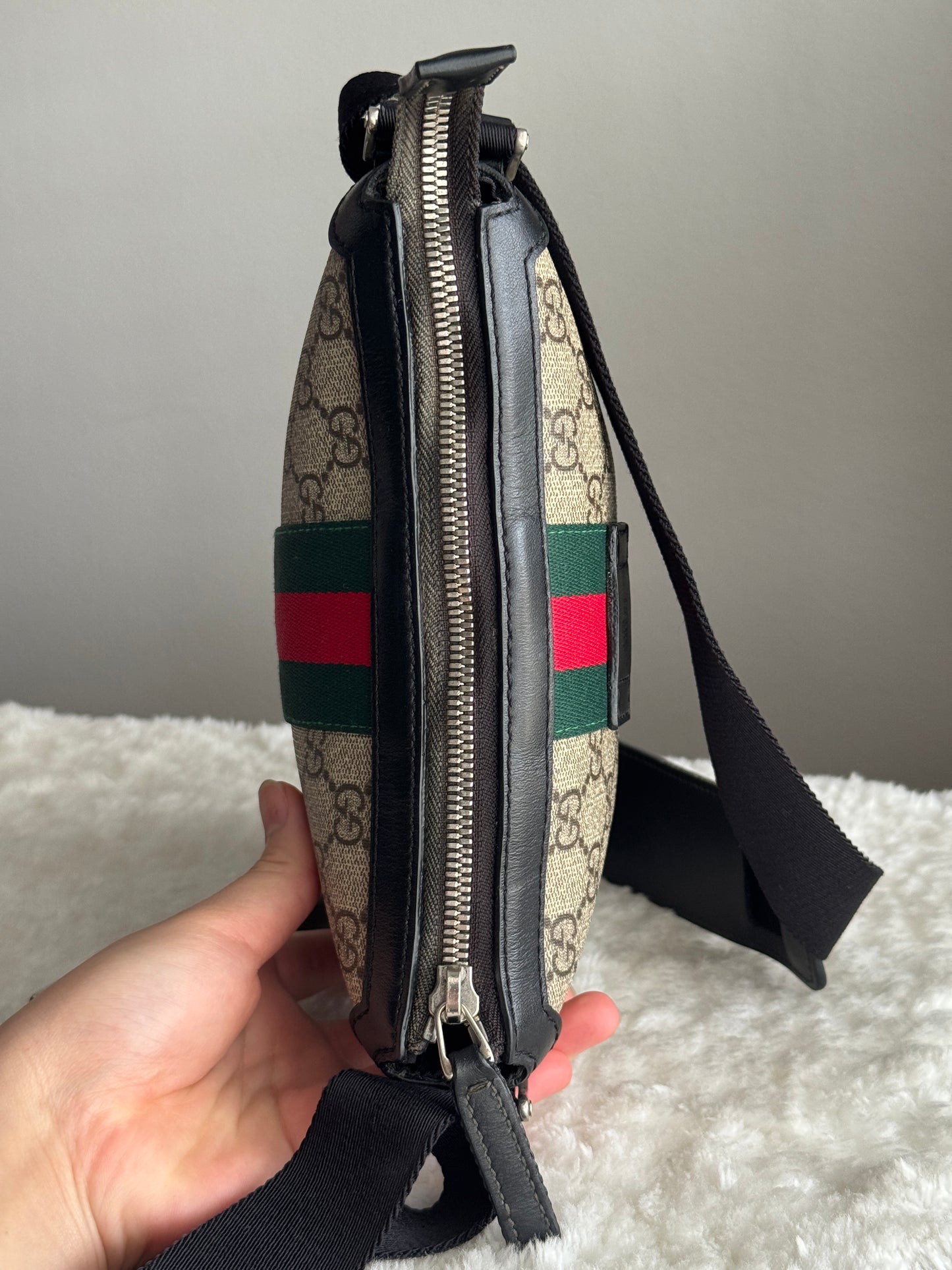 GUCCI Web Flat Mini Crossbody GG Supreme Coated Canvas Black