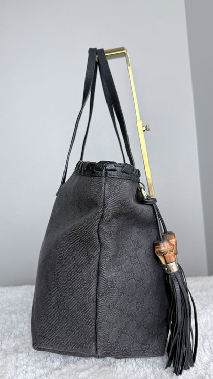 GUCCI Pebbled Danim Bamboo Tassel Tote large Black