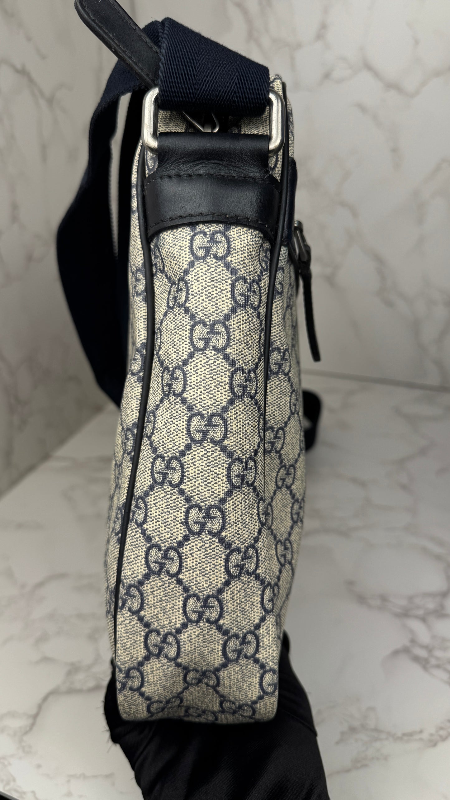 Gucci Front Zip Messenger GG Coated Canvas Navy