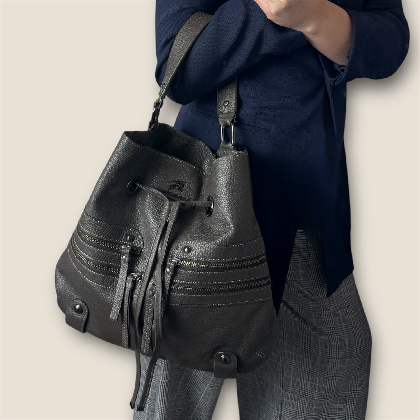 Burberry Bucket Grey Leather With Exterior Zip Pockets