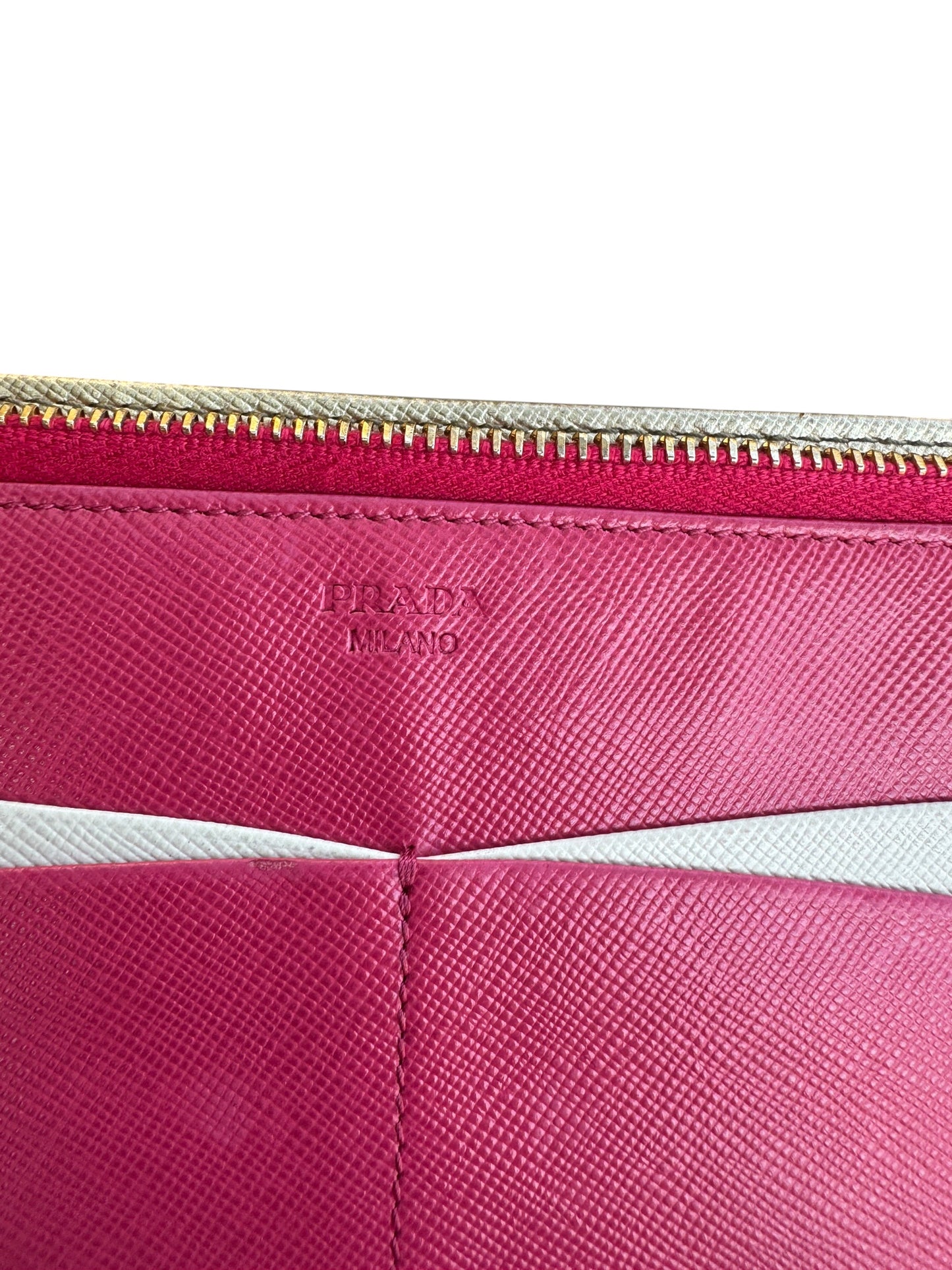 WA1👛 Prada Saffiano metal leather wallet in gold with a zip-around closure (COA Included) Retail $1070✅