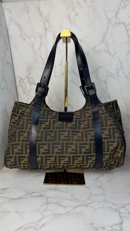 Fendi Zucca Canvas Leather Trim Tote Bag