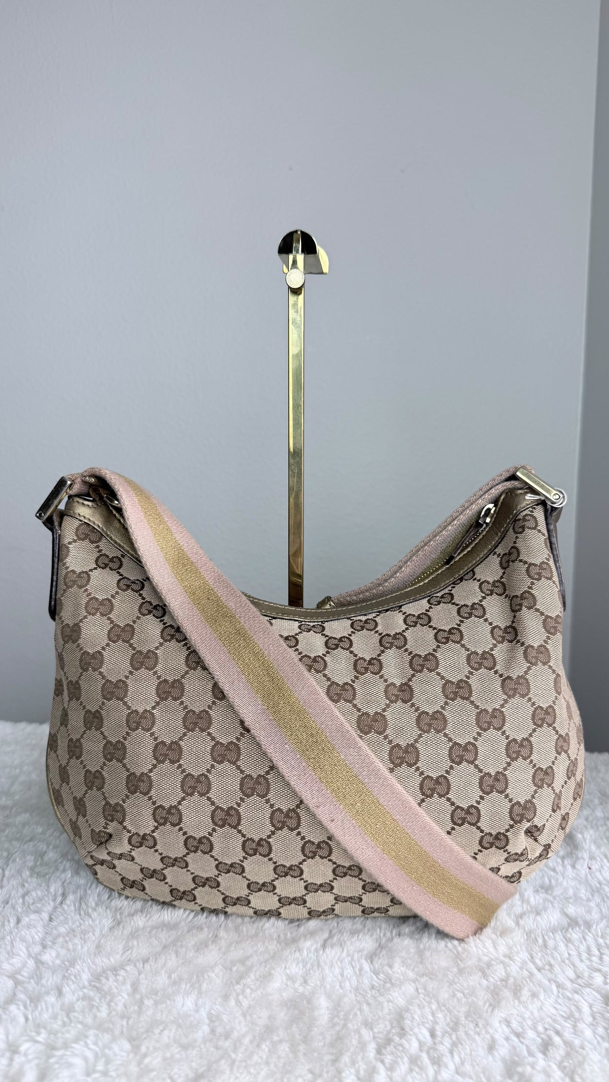 GUCCI Web Halfmoon Hobo  GG Canvas Gold Metallic