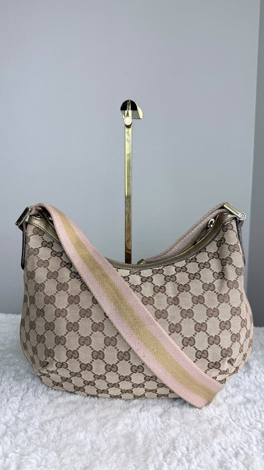 GUCCI Web Halfmoon Hobo  GG Canvas Gold Metallic