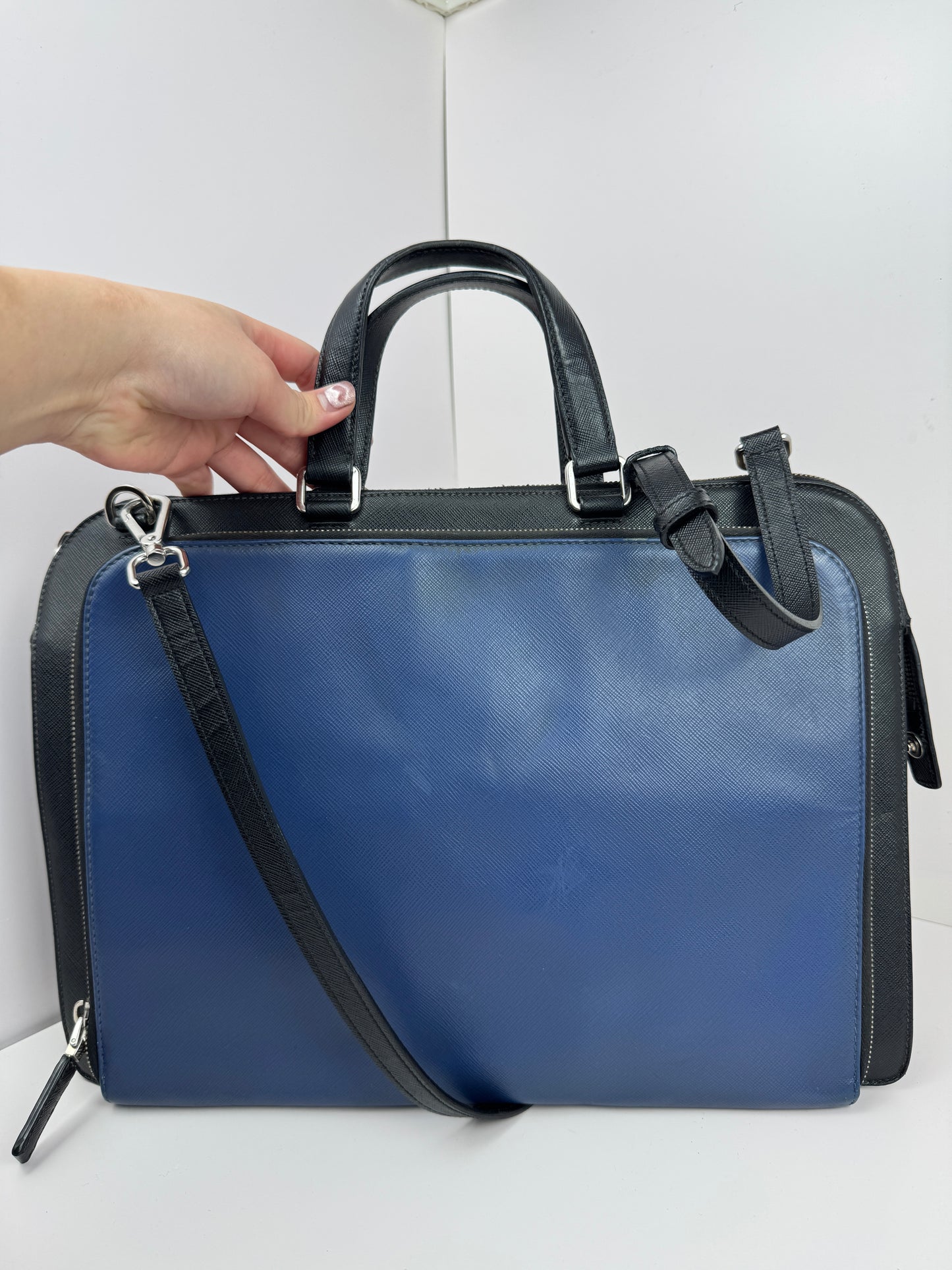 Prada Saffiano Business Briefcase two tone Black& Blue
