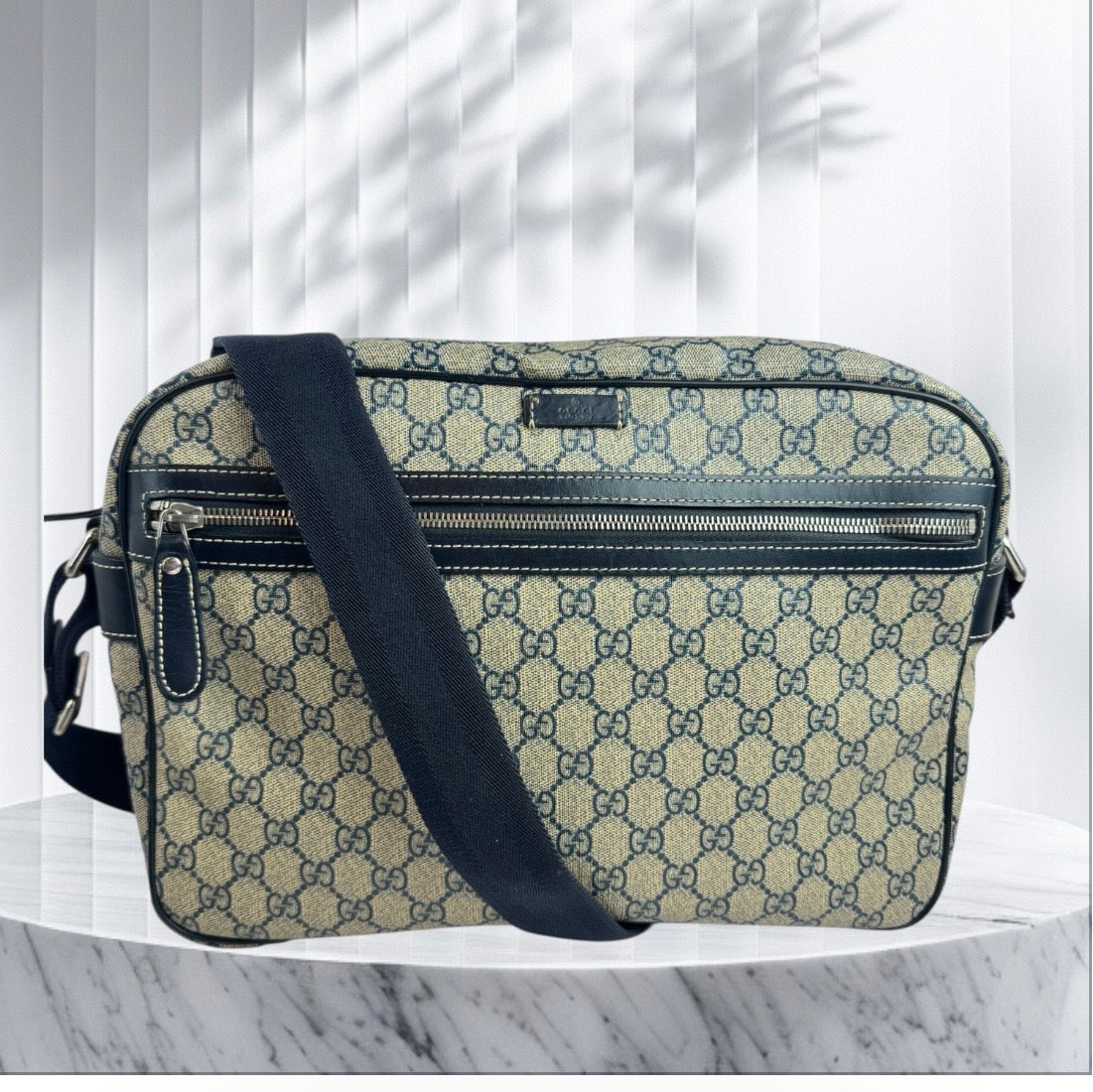 Gucci Large Front Zip Leather Coated Canvas Navy