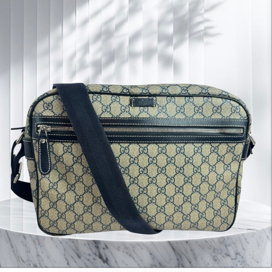Gucci Large Front Zip Leather Coated Canvas Navy