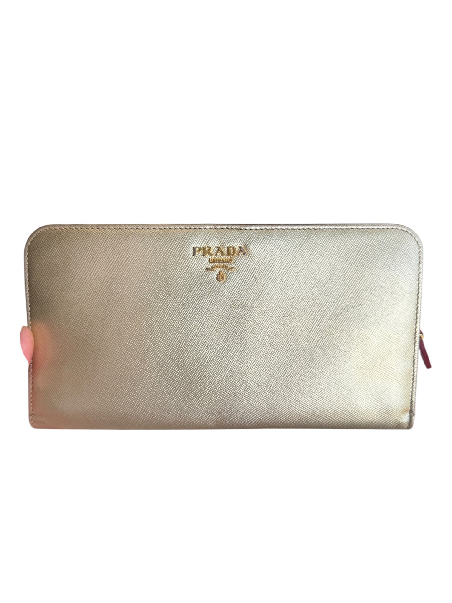 WA1👛 Prada Saffiano metal leather wallet in gold with a zip-around closure (COA Included) Retail $1070✅