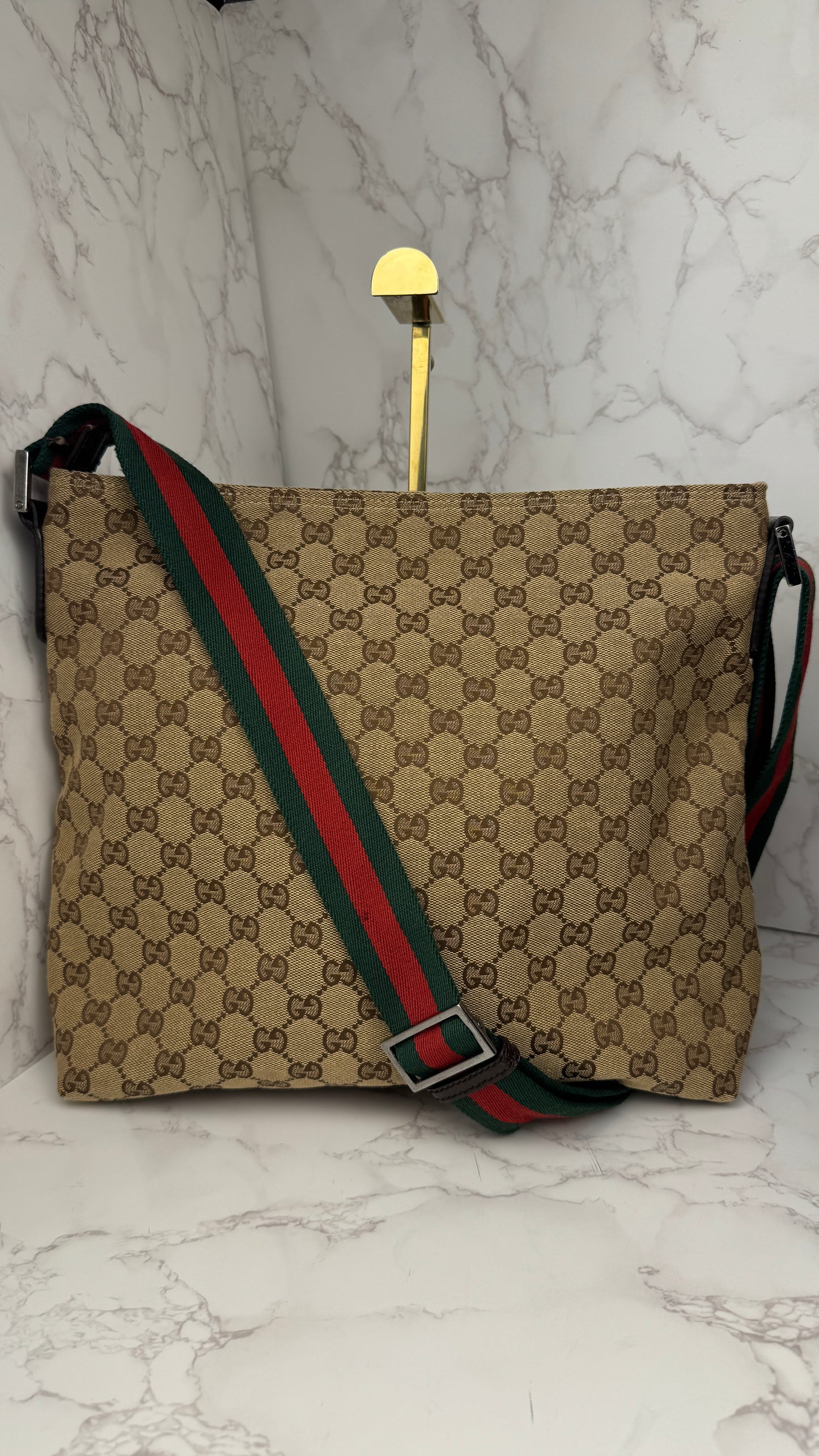 Gucci Flat  Crossbody GG Canvas Web Strap Brown