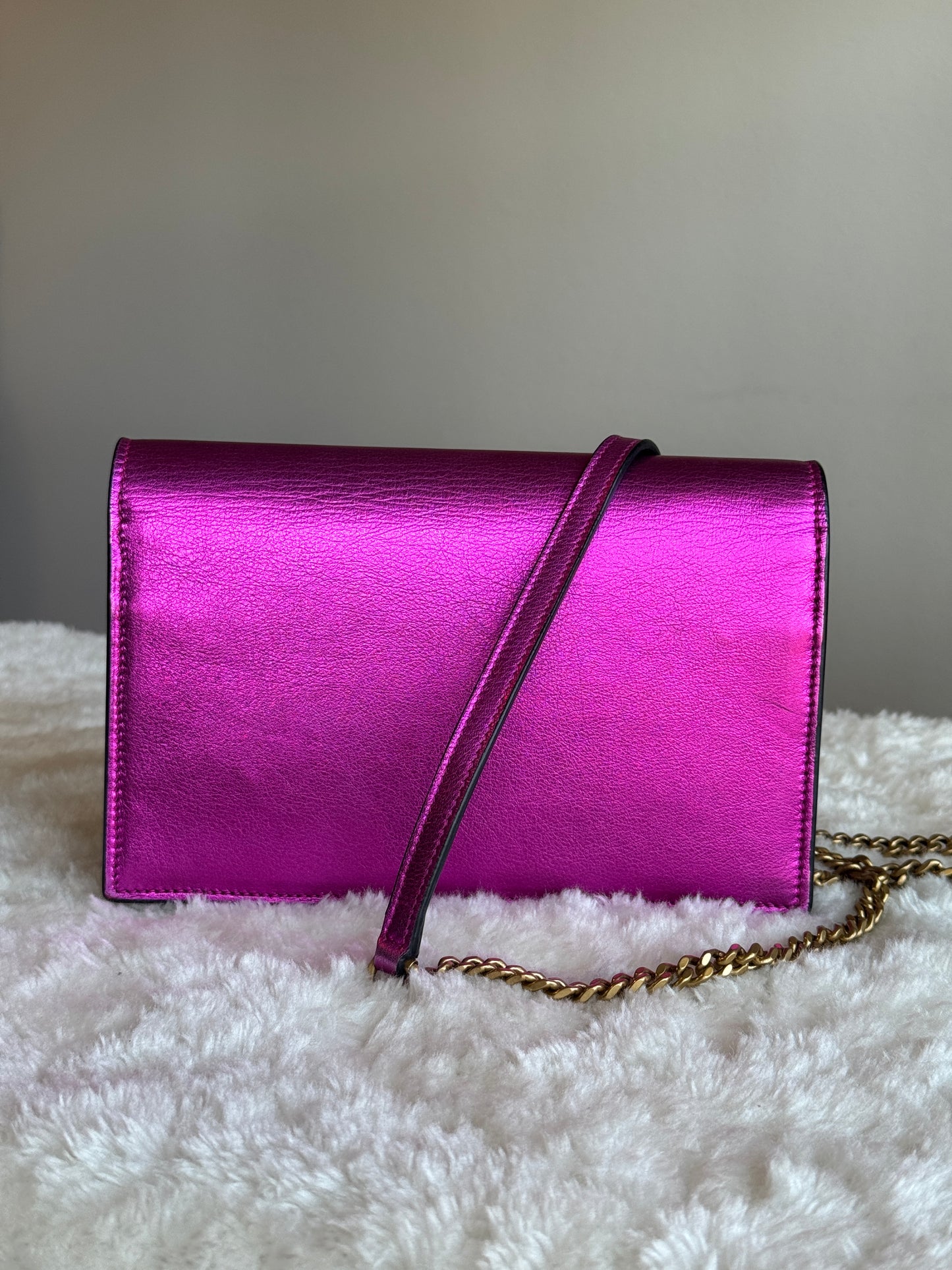 SAINT LAURENT Classic Monogram Tassel Chain wallet Leather pink metallic