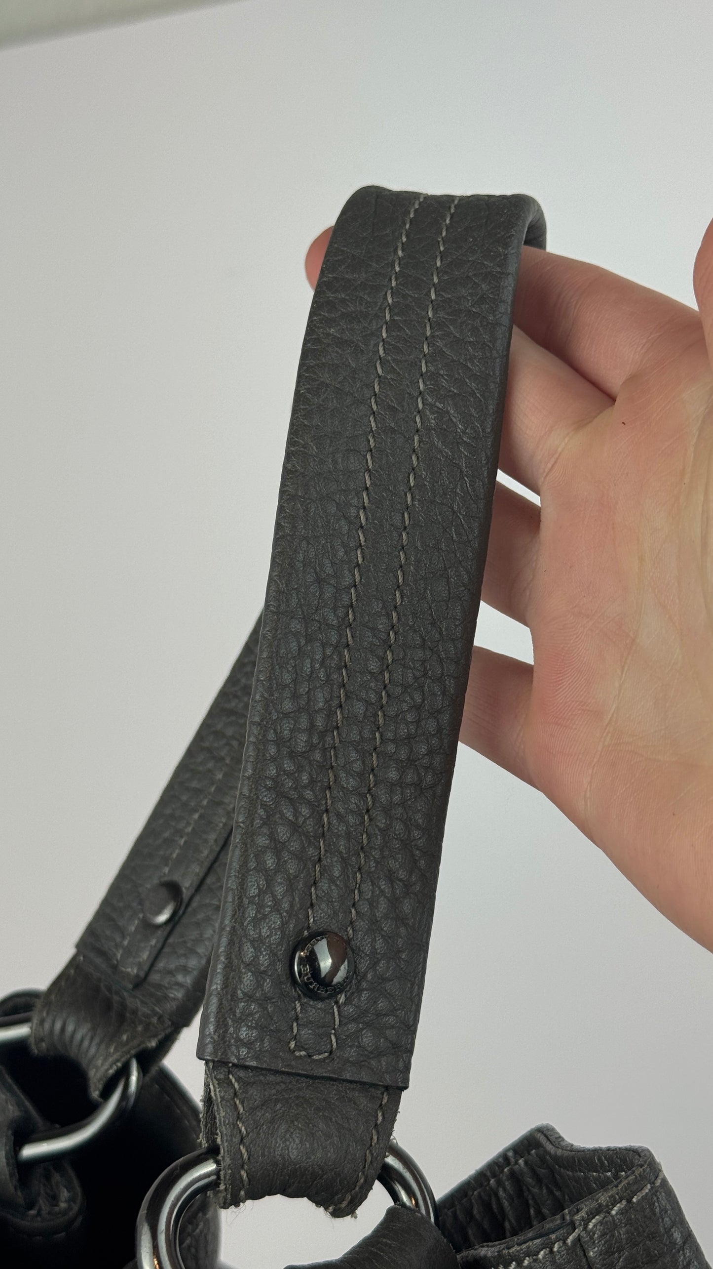 Burberry Bucket Grey Leather With Exterior Zip Pockets