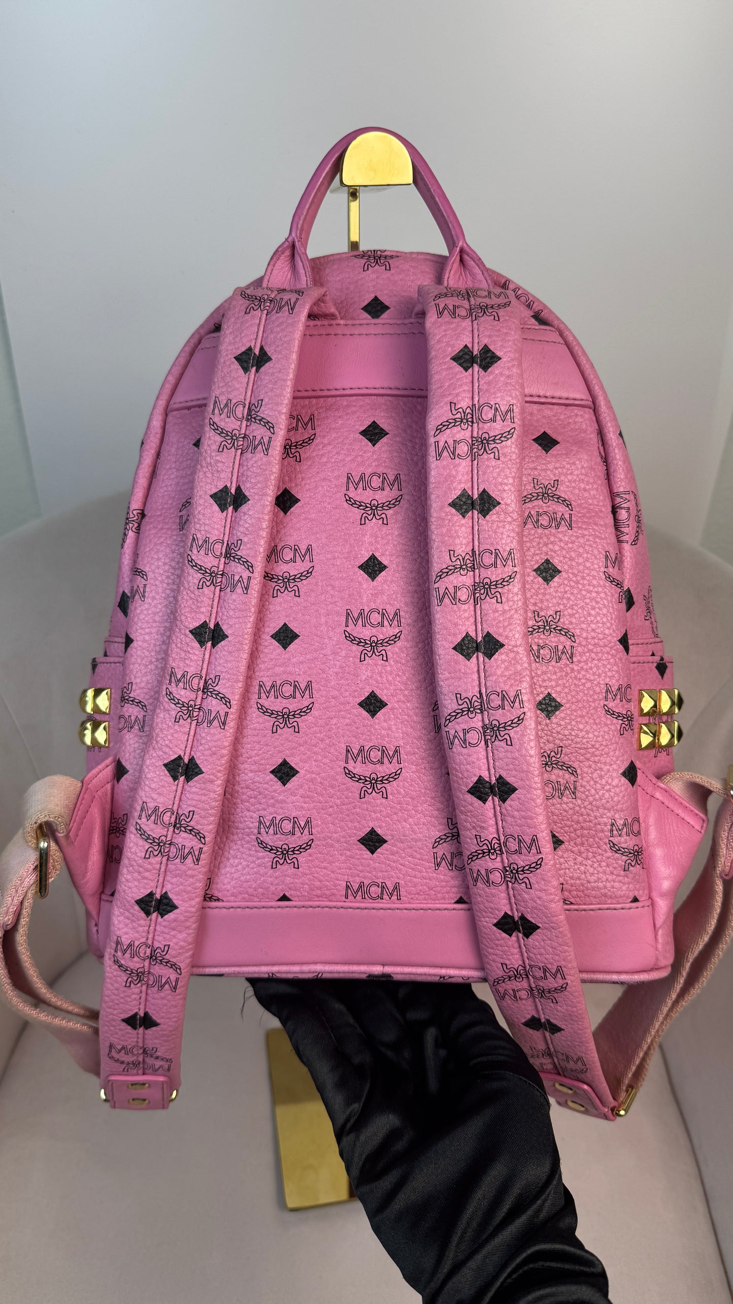 MCM Pink Visetos Stark backpack with gold-toned hardwar