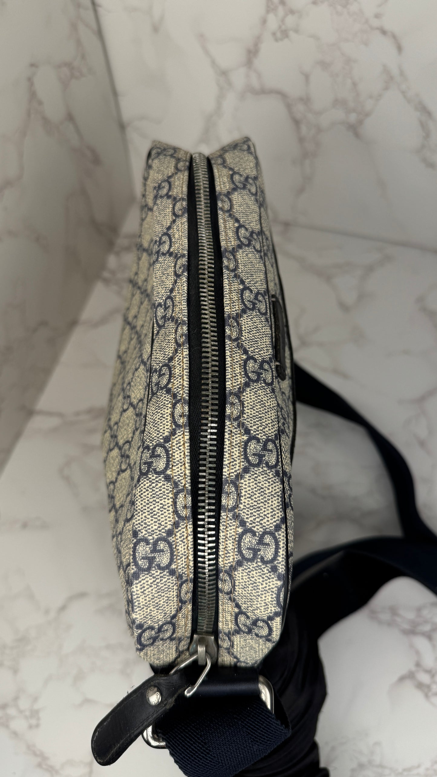 Gucci Front Zip Messenger GG Coated Canvas Navy