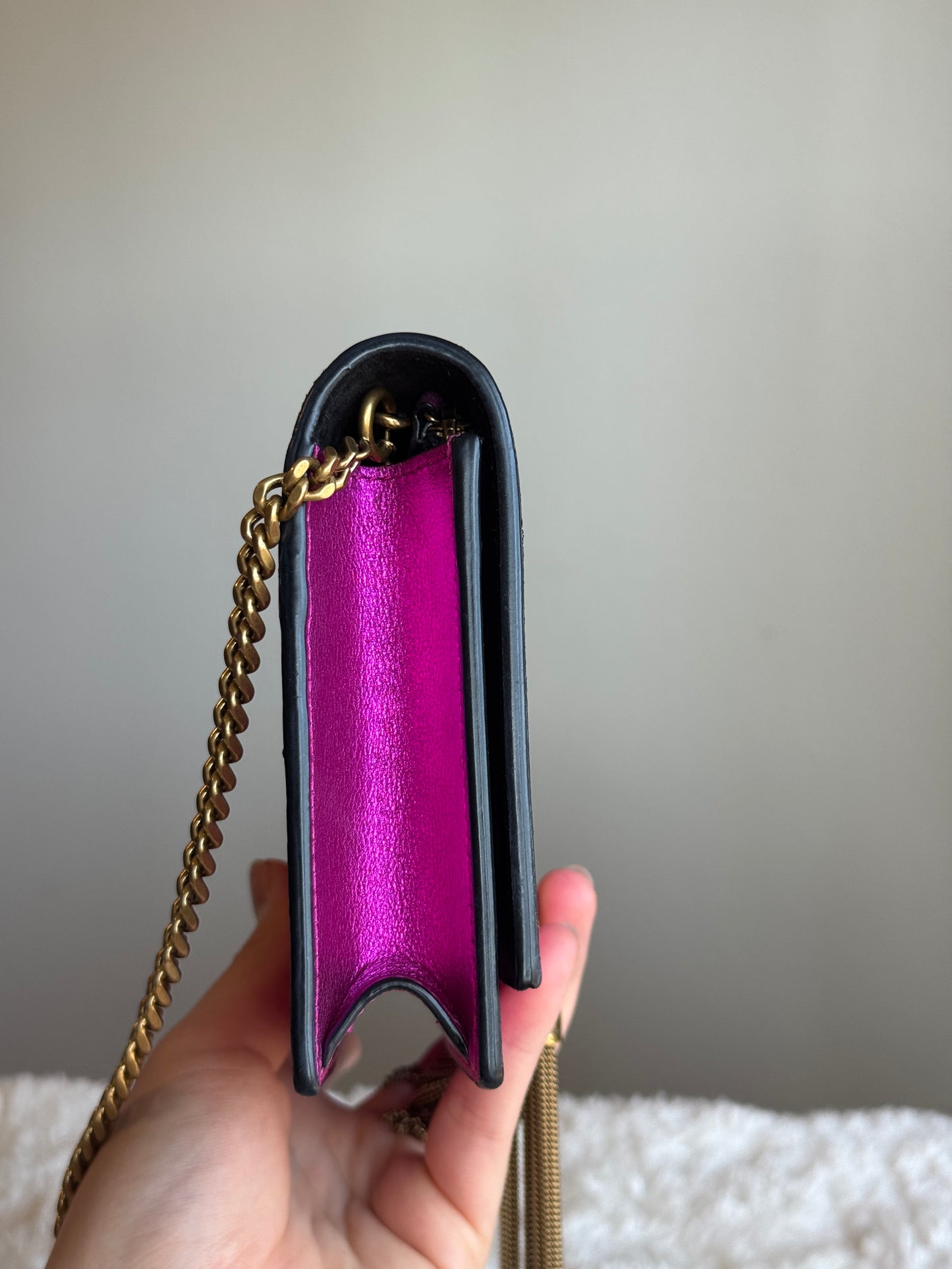 SAINT LAURENT Classic Monogram Tassel Chain wallet Leather pink metallic