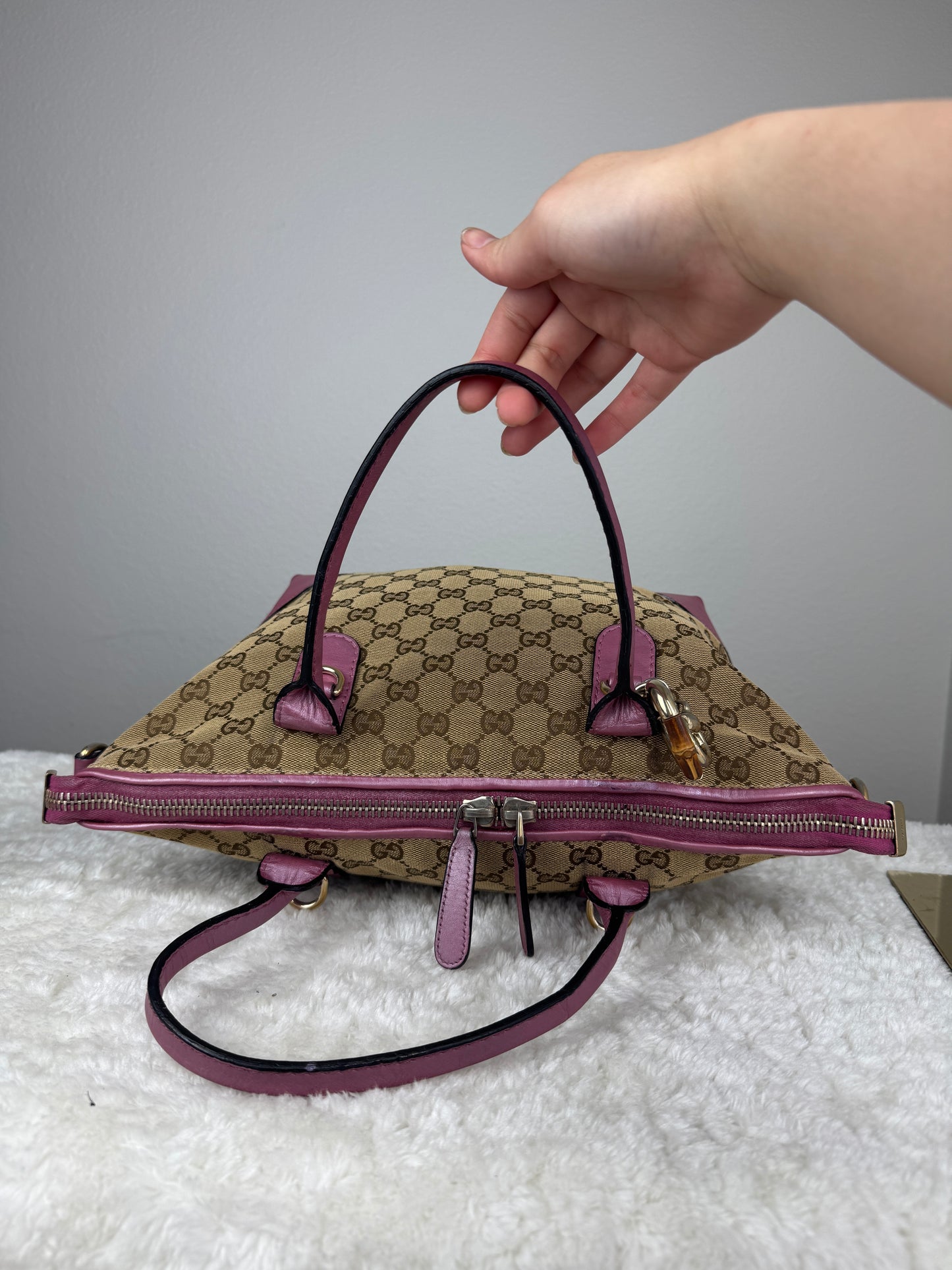 GUCCI Heart Bit Handbag with strap GG Canvas Pink