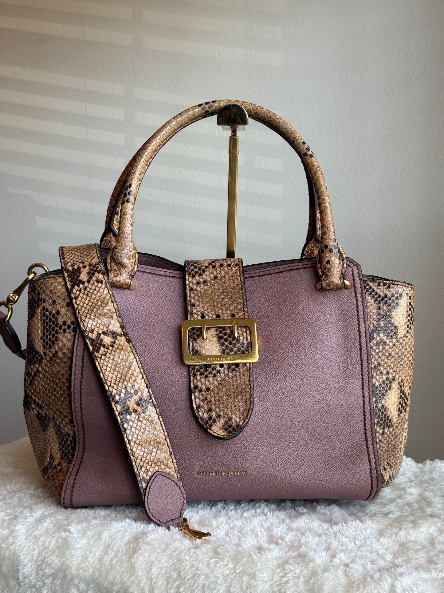 BURBERRY Pink Leather & Python Medium Buckle Tote Bag
