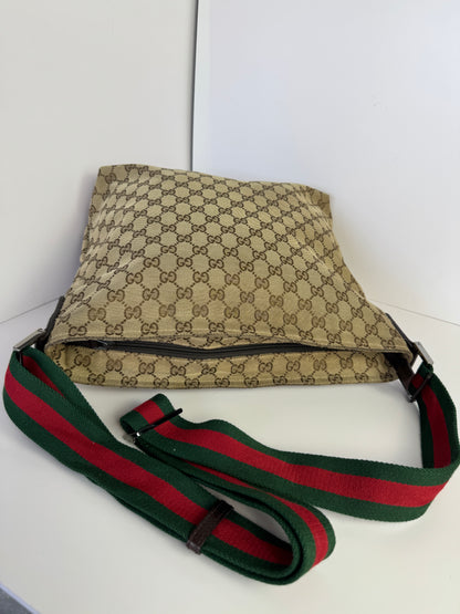 GUCCI Web Flat Messenger Green and Red Stripe Brown
