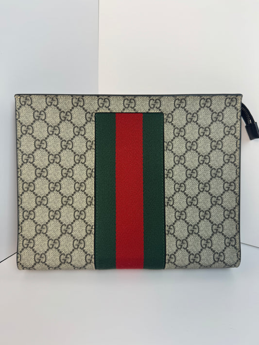 Gucci Beige GG Supreme Canvas Toiletry Pouch with Green and Red Web Stripe