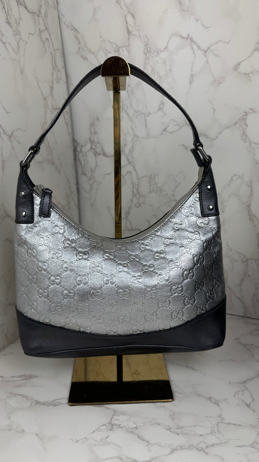 Gucci GG Leather Hobo Silver and Grey
