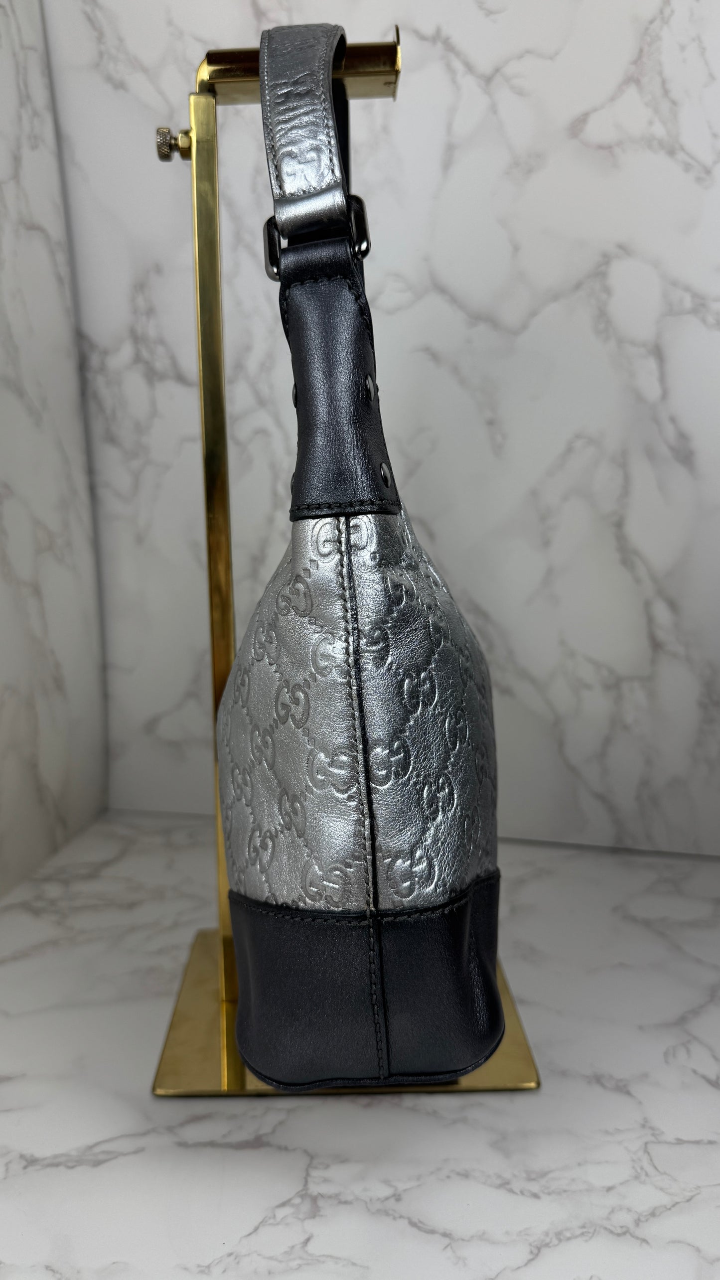 Gucci GG Leather Hobo Silver and Grey