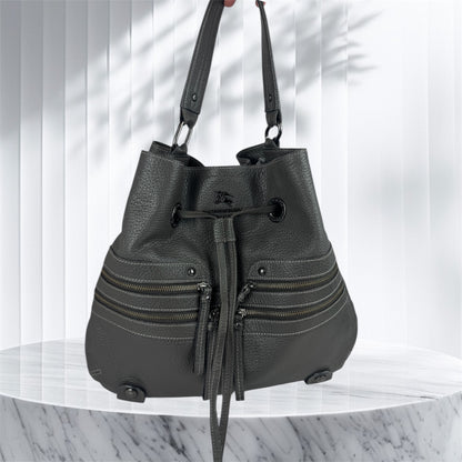 Burberry Bucket Grey Leather With Exterior Zip Pockets
