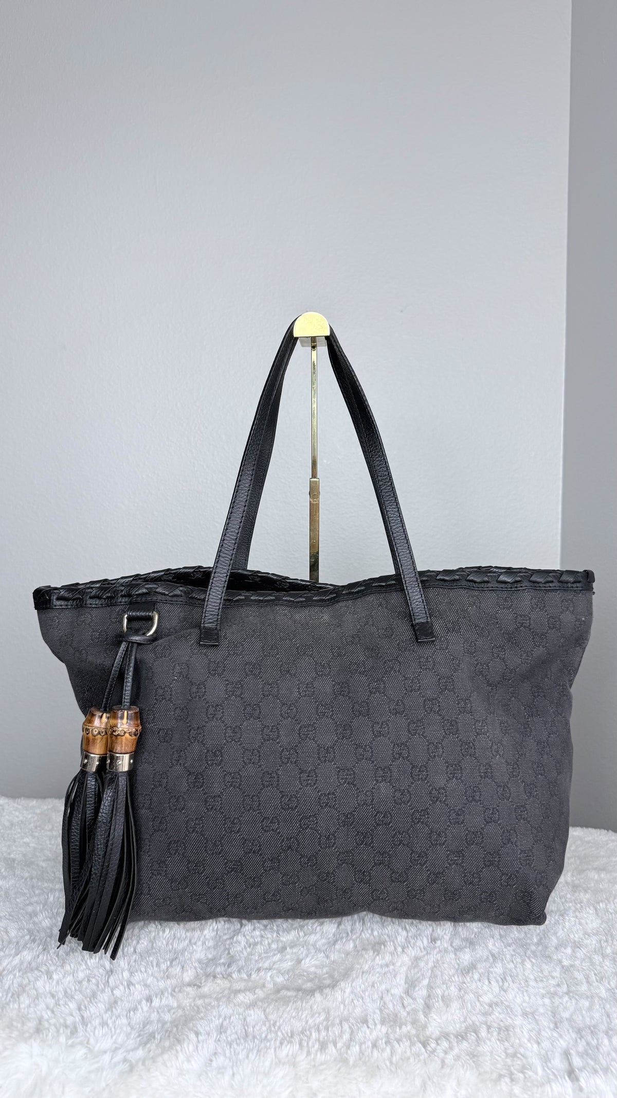 GUCCI Pebbled Danim Bamboo Tassel Tote large Black