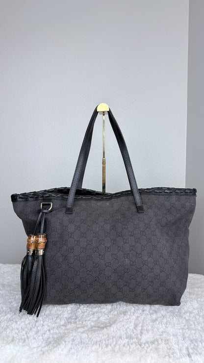 GUCCI Pebbled Danim Bamboo Tassel Tote large Black