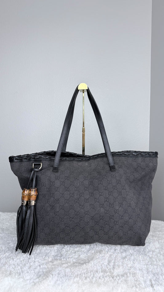 GUCCI Pebbled Danim Bamboo Tassel Tote large Black