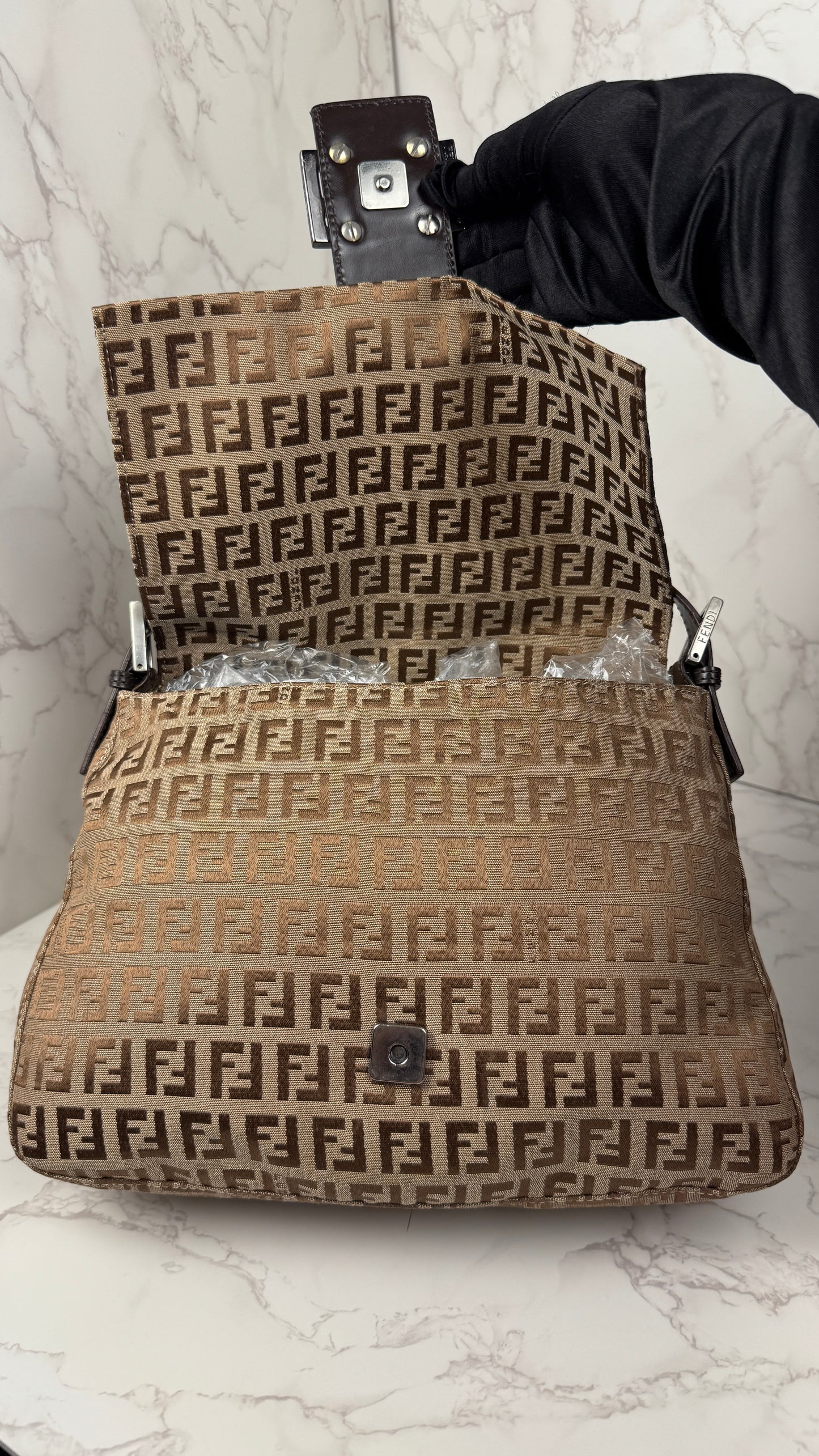 Fendi Mama Baguette Zucca FF Canvas Shoulder Bag Brown