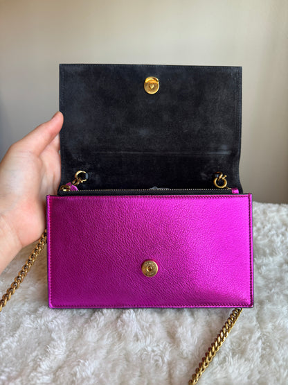 SAINT LAURENT Classic Monogram Tassel Chain wallet Leather pink metallic