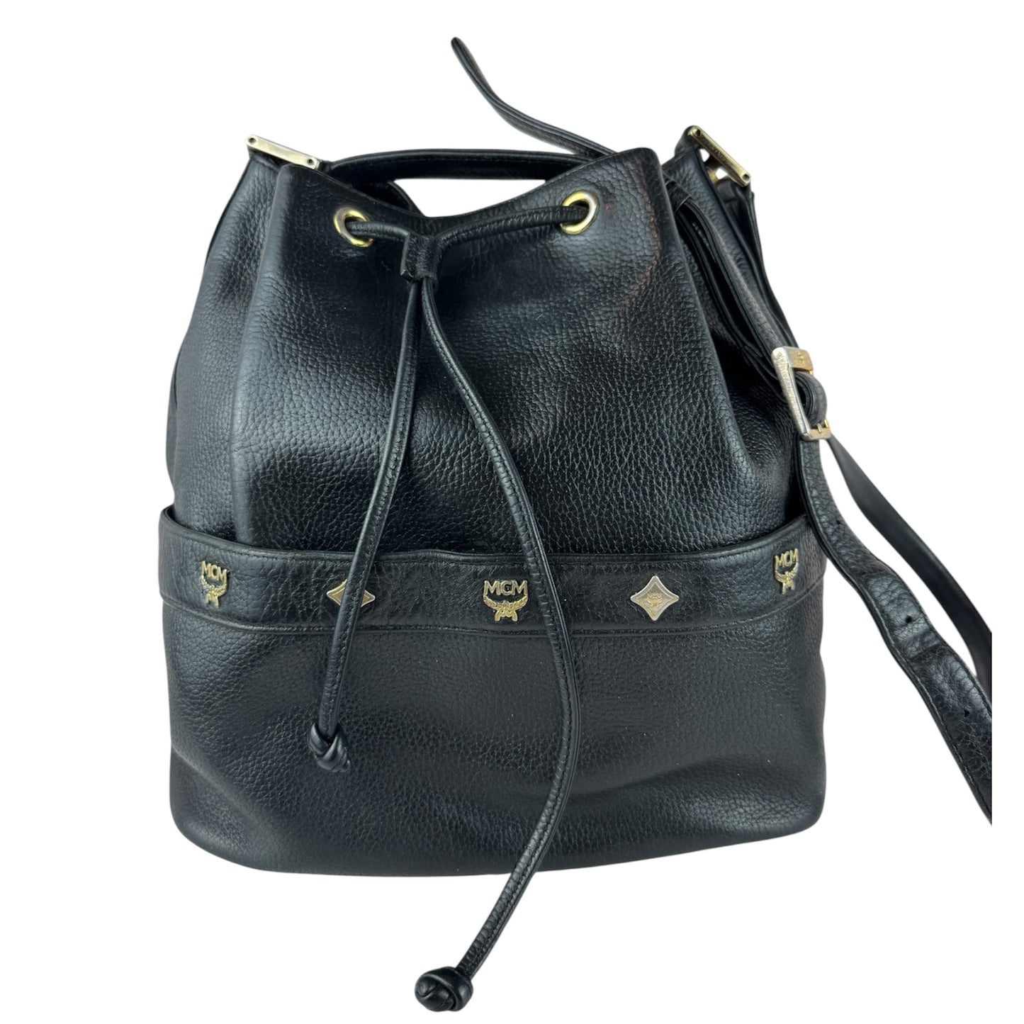 MCM Black Leather Drawstring Bucket bag
